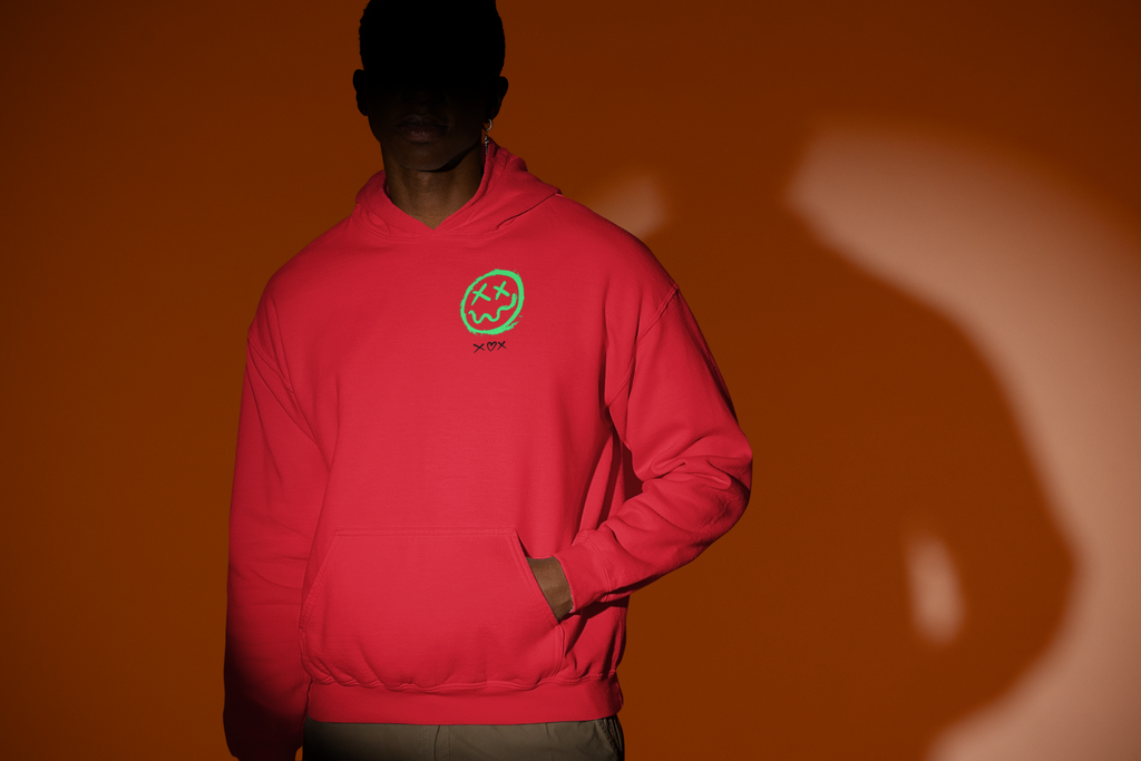 Neon Grin Hoodie — Green Smiley Skull Graphic Pullover