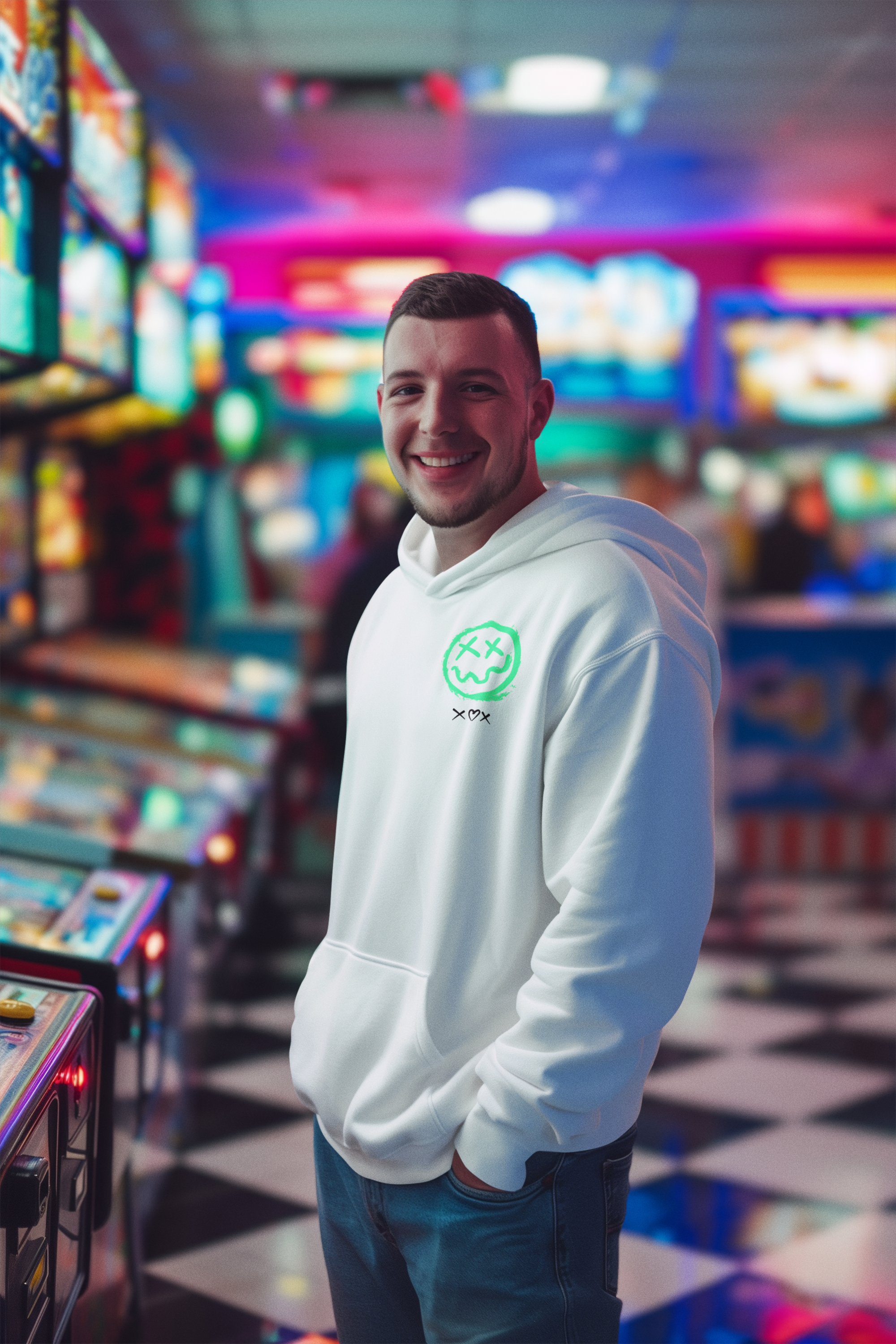 Neon Grin Hoodie — Green Smiley Skull Graphic Pullover