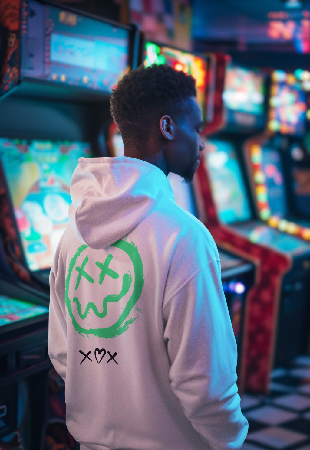 Neon Grin Hoodie — Green Smiley Skull Graphic Pullover