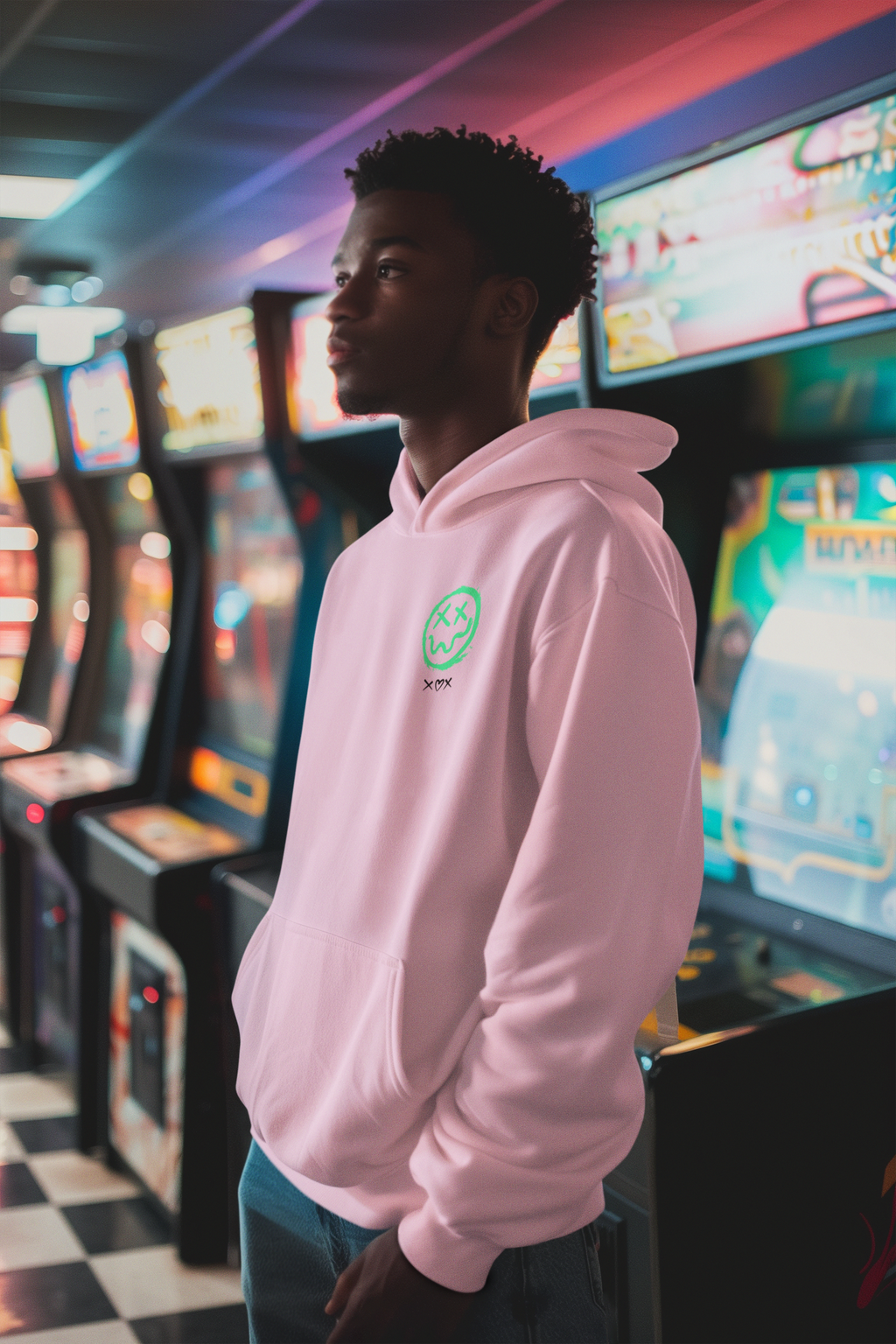 Neon Grin Hoodie — Green Smiley Skull Graphic Pullover