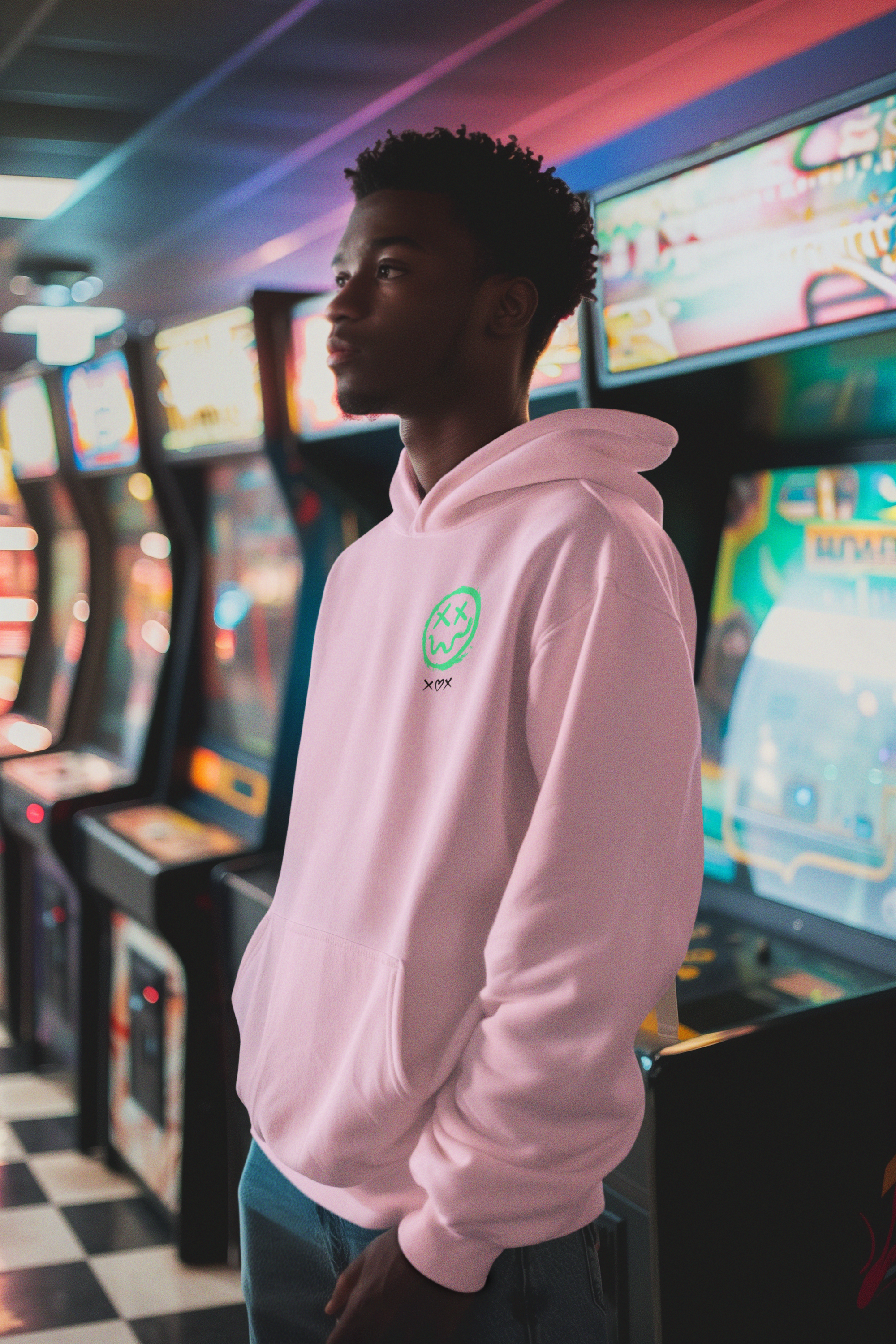 Neon Grin Hoodie — Green Smiley Skull Graphic Pullover