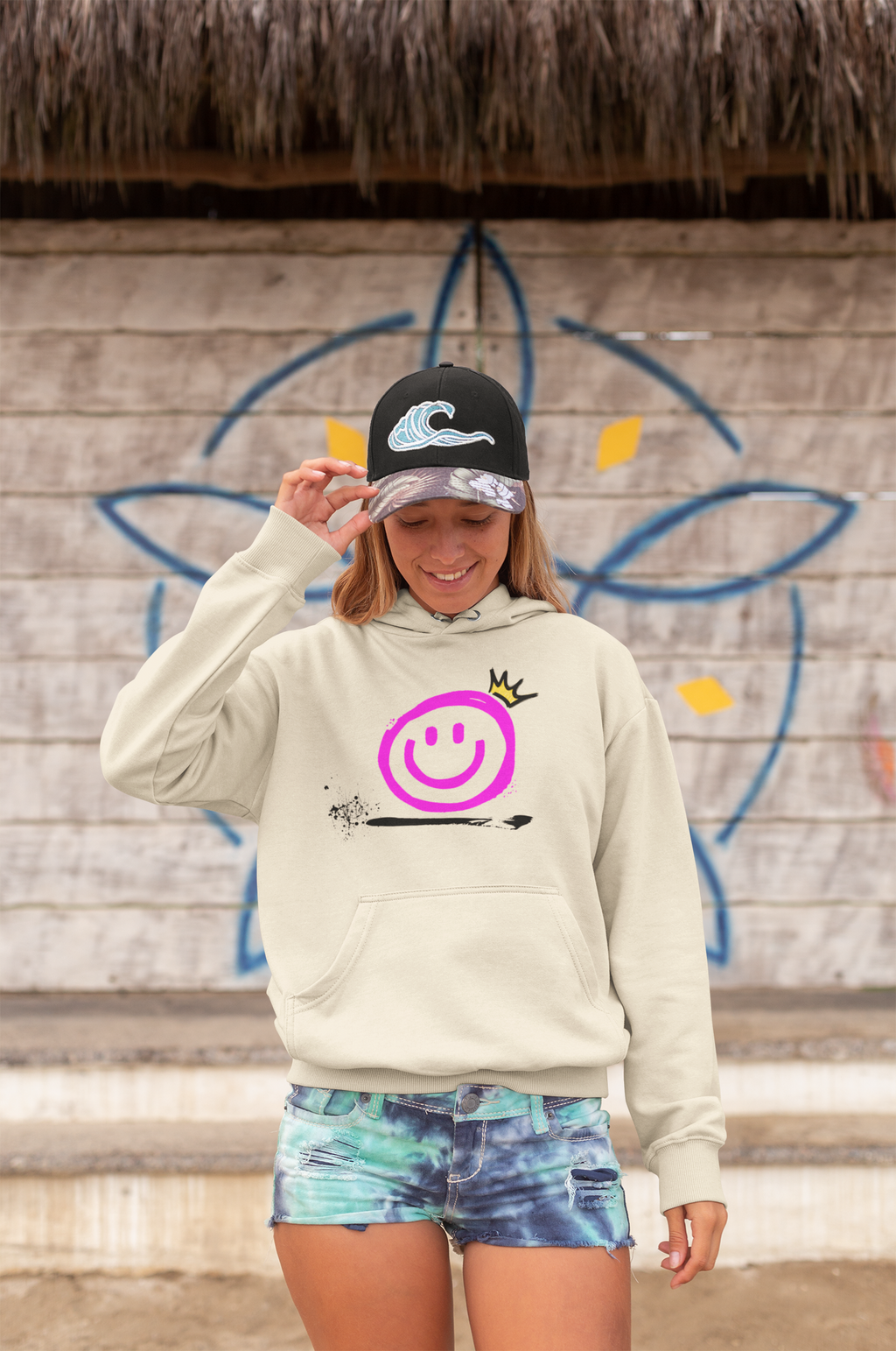 Smiley Crown Hoodie — Neon Pink Graffiti Smile Pullover