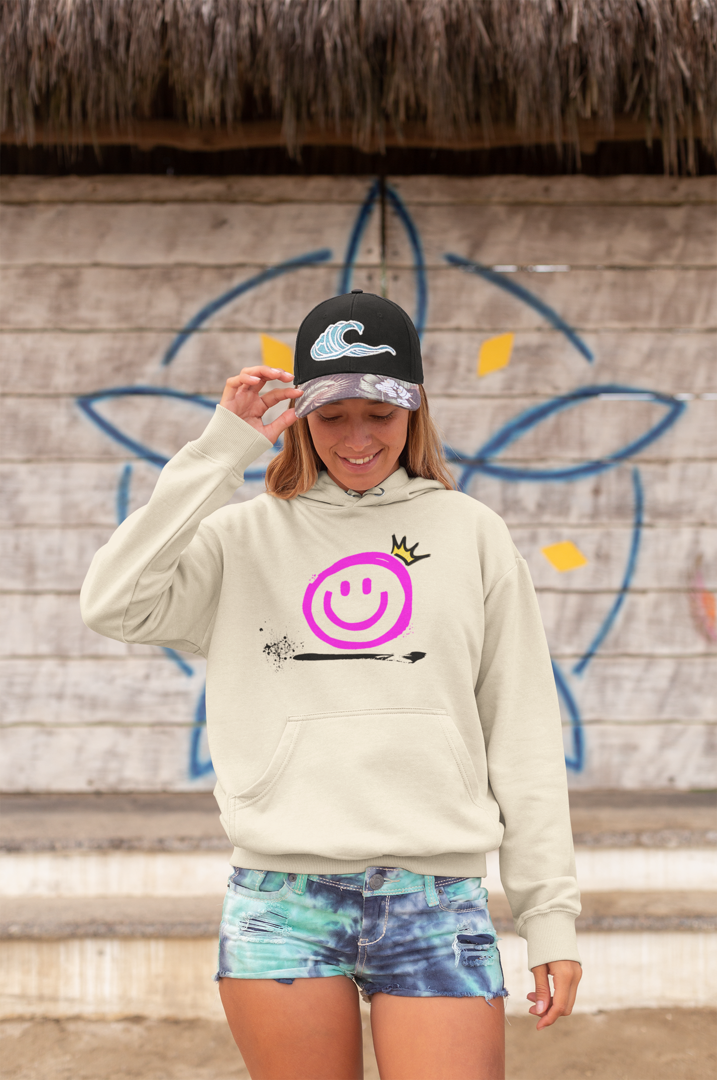 Smiley Crown Hoodie — Neon Pink Graffiti Smile Pullover