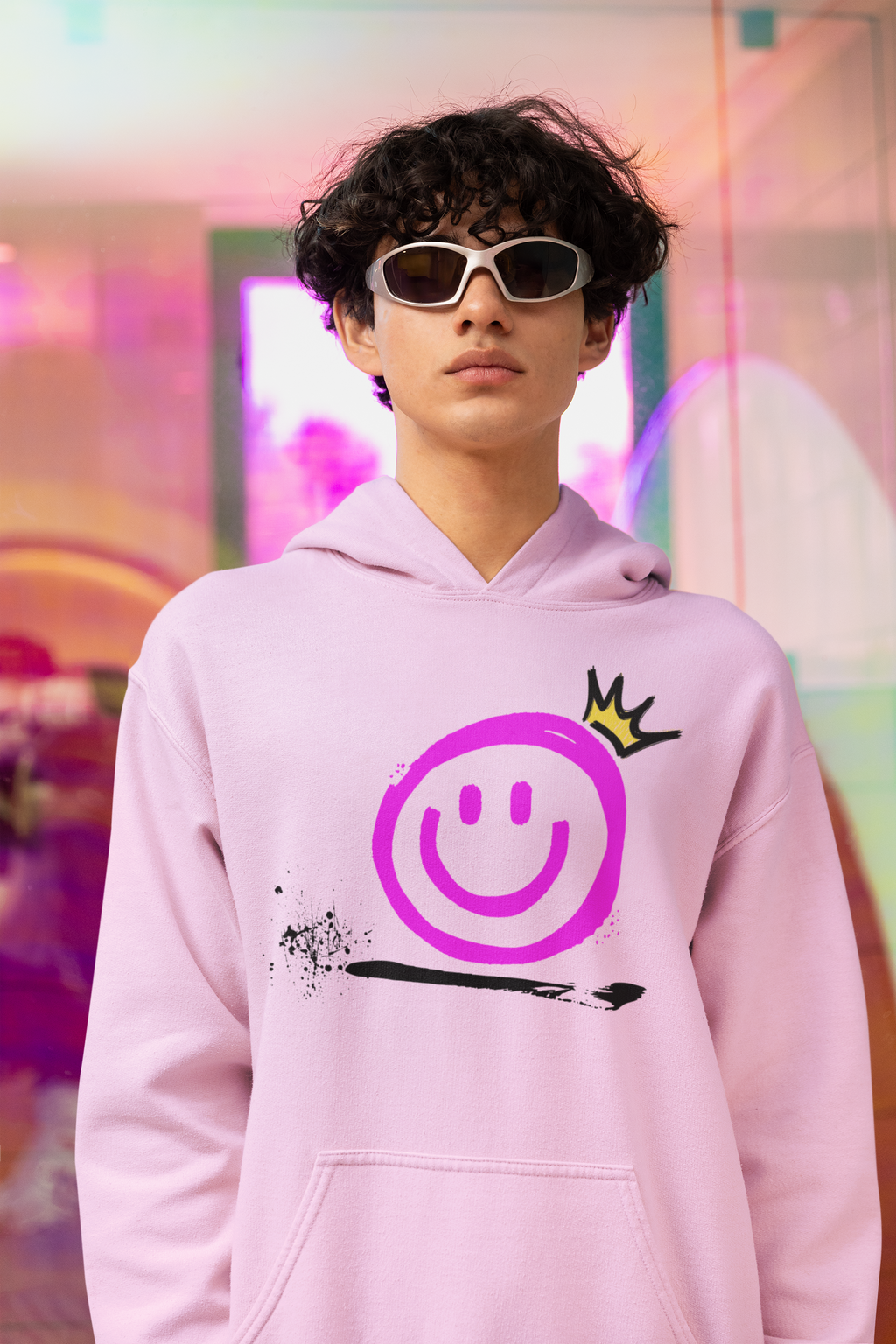 Smiley Crown Hoodie — Neon Pink Graffiti Smile Pullover