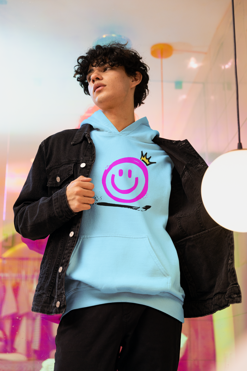 Smiley Crown Hoodie — Neon Pink Graffiti Smile Pullover