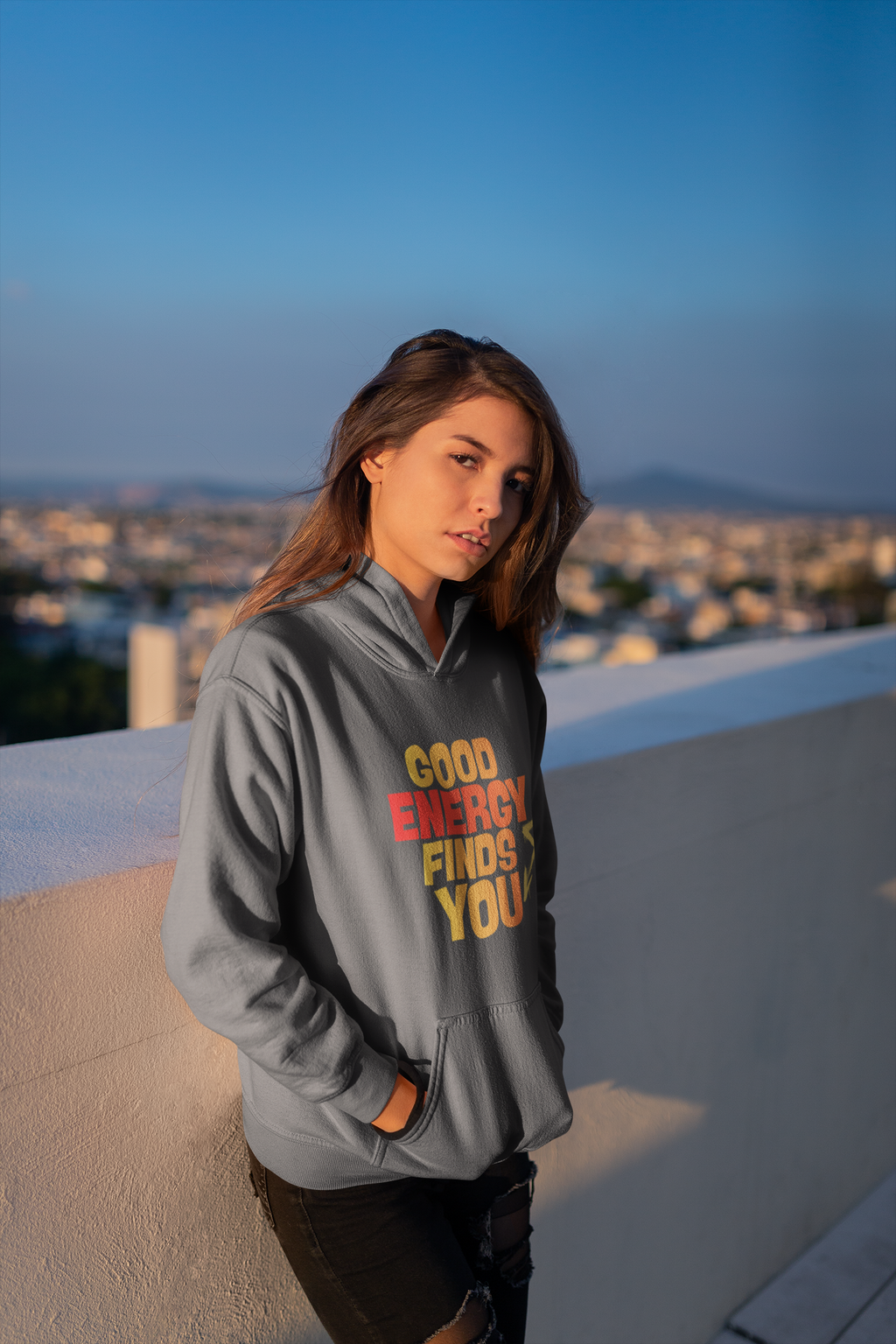 Hoodie — "Good Energy Finds You" Positive Vibes Pullover