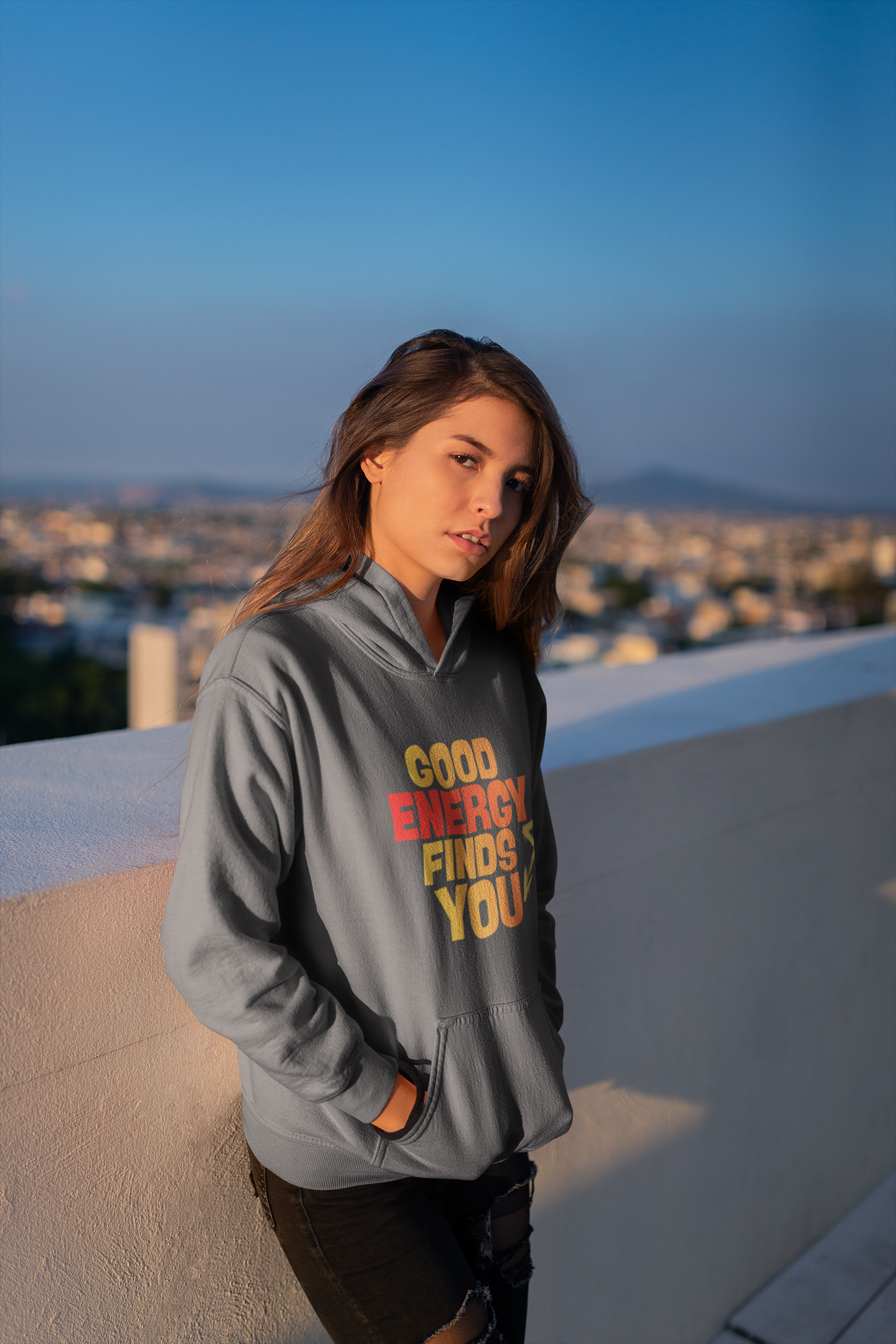 Hoodie — "Good Energy Finds You" Positive Vibes Pullover