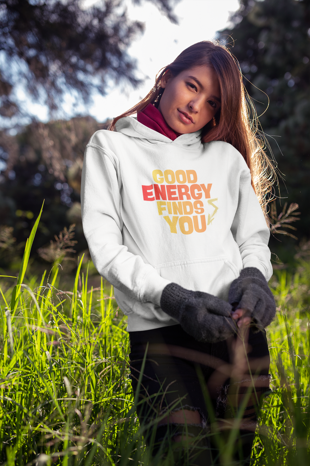 Hoodie — "Good Energy Finds You" Positive Vibes Pullover