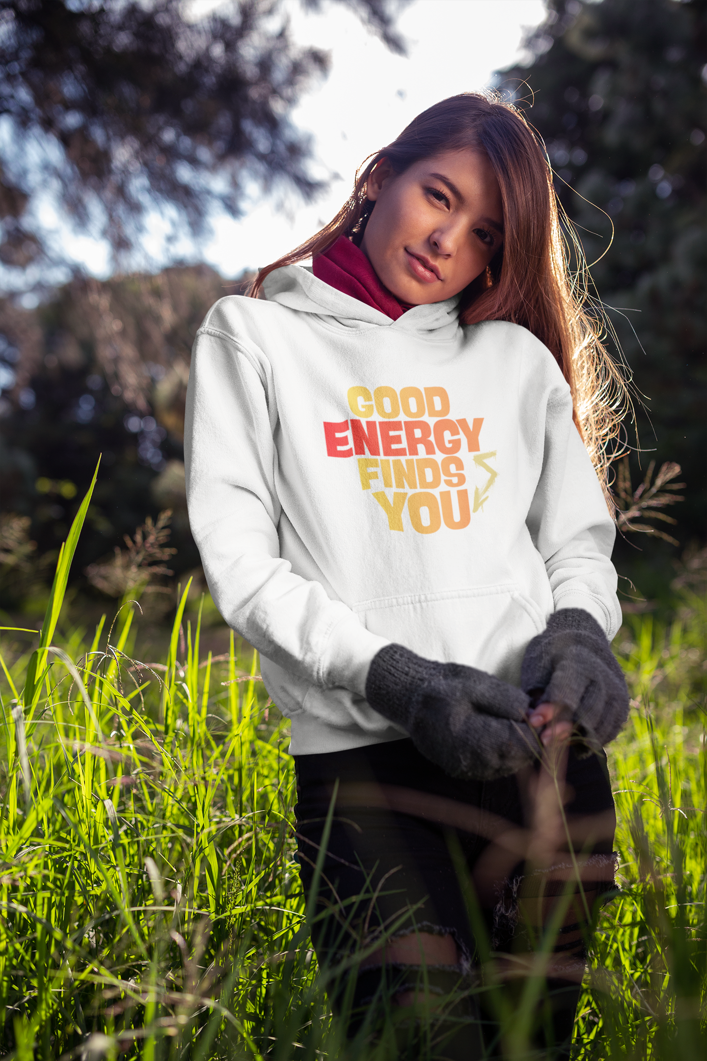 Hoodie — "Good Energy Finds You" Positive Vibes Pullover