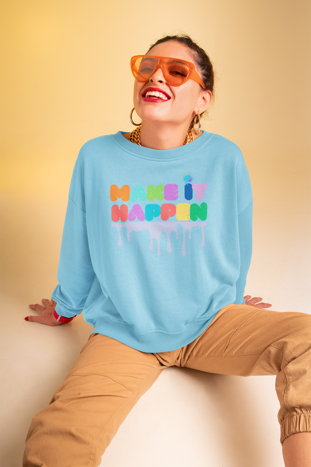 Make It Happen Crewneck Sweatshirt — Colorful Drip Motivational Pullover